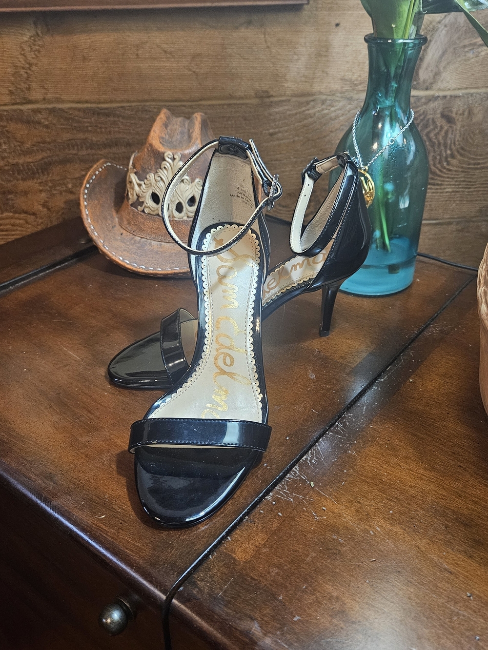Sam Edelman Black Patent Ankle-Strap Heeled Sandals